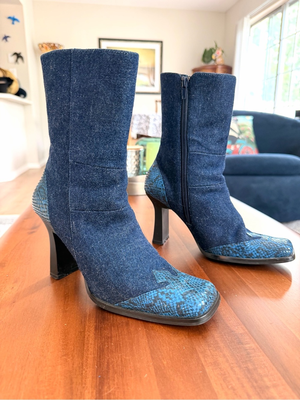 Razzmatazz Denim Boots Size 7 Blue Snakeskin Y2K Square Toe Heels